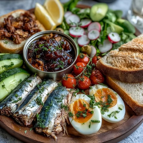 Tinned Fish Brunch Board: Colorful arrangement with jammy eggs and vibrant fresh ingredients.