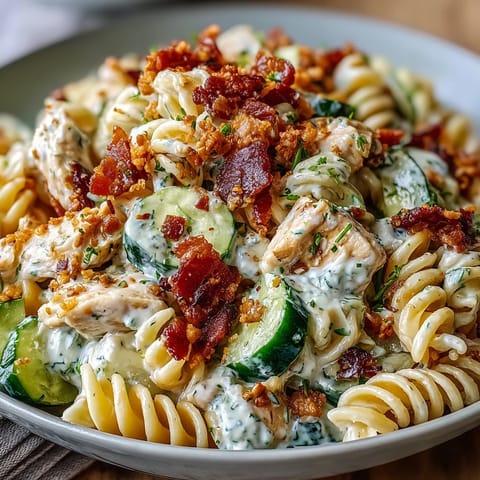Creamy Chicken Bacon Ranch Pasta Salad overflowing with fresh veggies and cheese.
