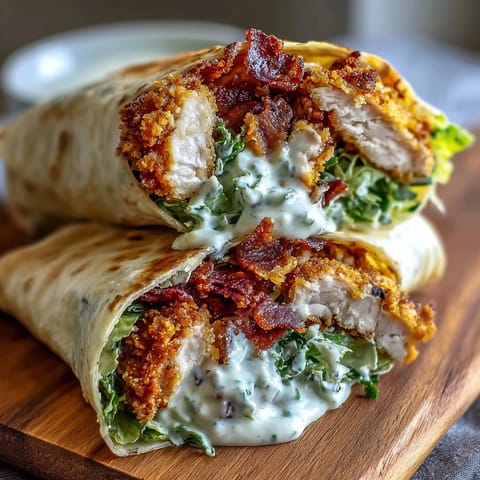 Golden-brown Crispy Chicken Caesar Wraps bursting with fresh romaine and creamy dressing.