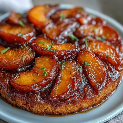 Caramelized peaches crown this moist Brown Sugar Peach Upside-Down Cake.