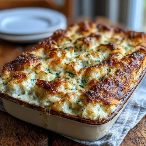 Golden Cabbage Alfredo Pasta Bake with bubbling cheese topping served warm.
