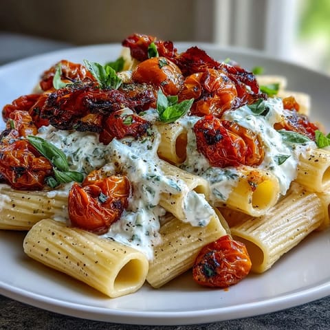 Creamy roasted tomato whipped feta pasta, a vibrant Mediterranean delight.