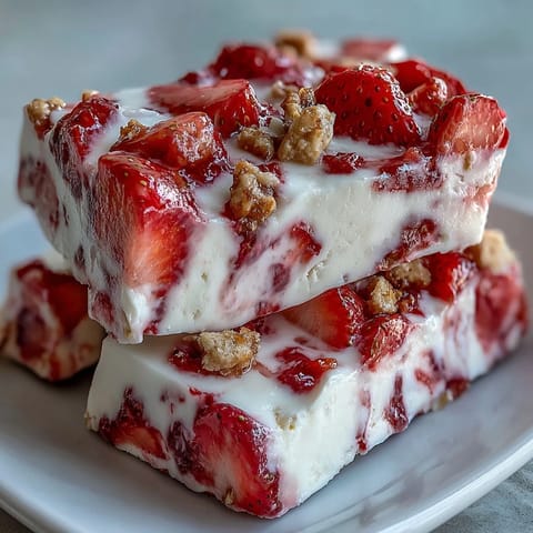 Frosted Strawberry Shortcake Frozen Yogurt Bark swirls with fruit and cookie, a cool summer delight.