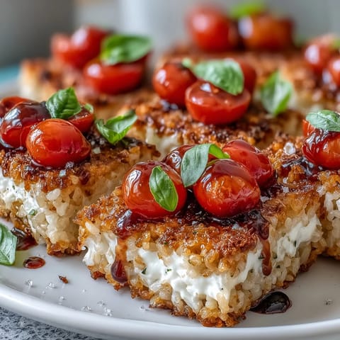 Crispy Rice Caprese Bites: vibrant, bite-sized appetizers with a delightful crunchy texture.