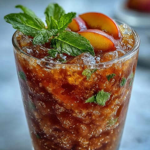 Cool, blended Peach Iced Tea Slushies garnished with fresh fruit and mint.
