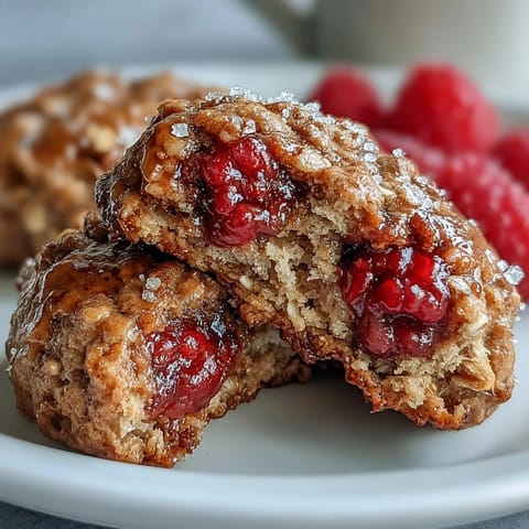 Close-up of golden Raspberry Oat Breakfast Cookies, studded with vibrant berries.