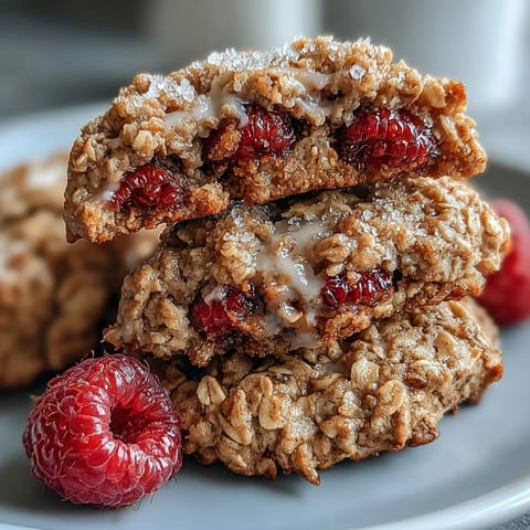 Soft Raspberry Oat Breakfast Cookies cooling on a rustic wire rack.
