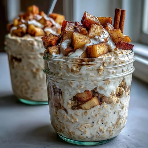 Make-ahead Apple Pie Overnight Oats featuring tender diced apples, ready for a quick morning meal.