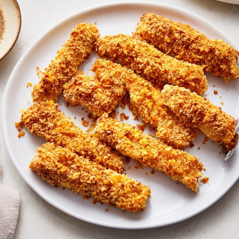 Baked chicken tenders with panko and cornflake crust, steaming fresh and ideal for kids' lunches.