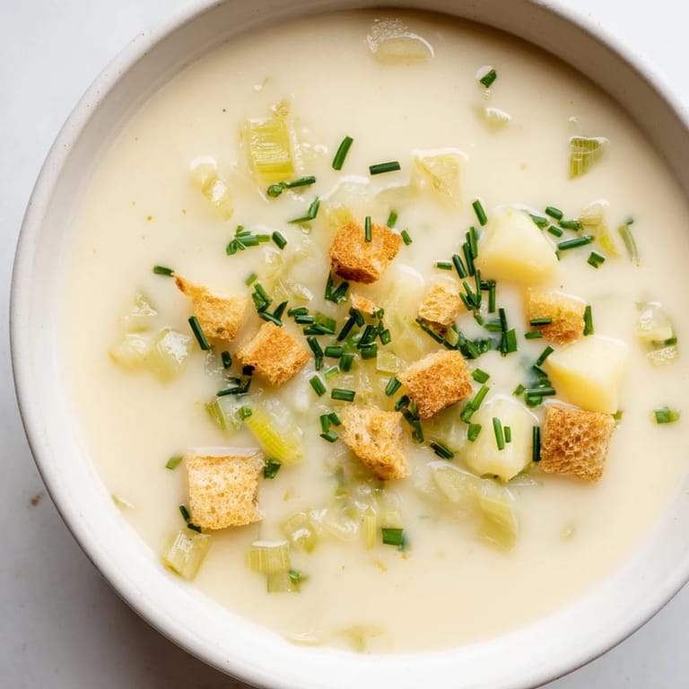Golden-hued Quick & Simple Potato and Leek Soup, a comforting and flavorful vegetarian meal.