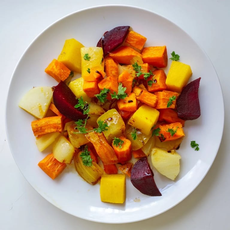 Hearty Roasted Root Vegetable Medley with sweet balsamic drizzle, featuring tender vegetables and fresh herbs.