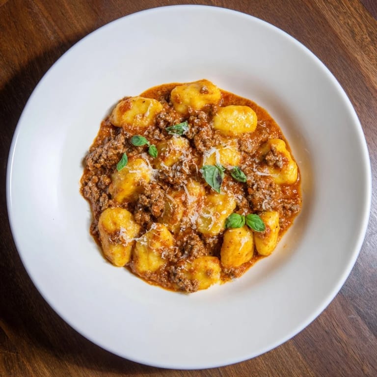 A close-up of the flavorful creamy tomato and sausage gnocchi, bubbling gently in a skillet, delicious aroma.