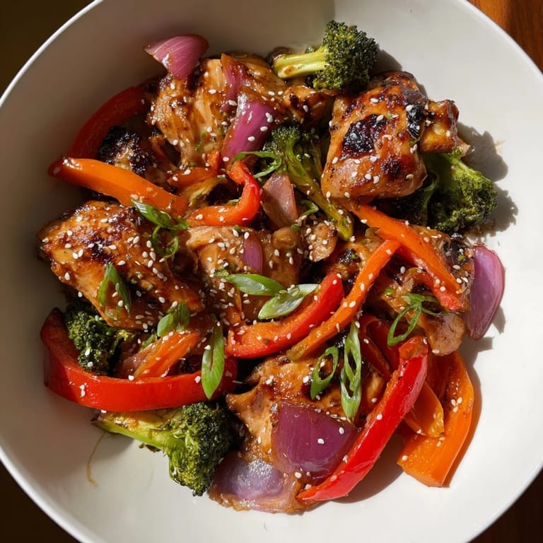 Golden-brown Sheet Pan Chicken Stir-Fry, generously garnished, ready to enjoy with a side of rice.