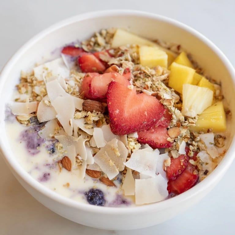 A colorful Breakfast Smoothie Packs bowl, perfectly blended, topped with granola and fresh fruit for a healthy breakfast.