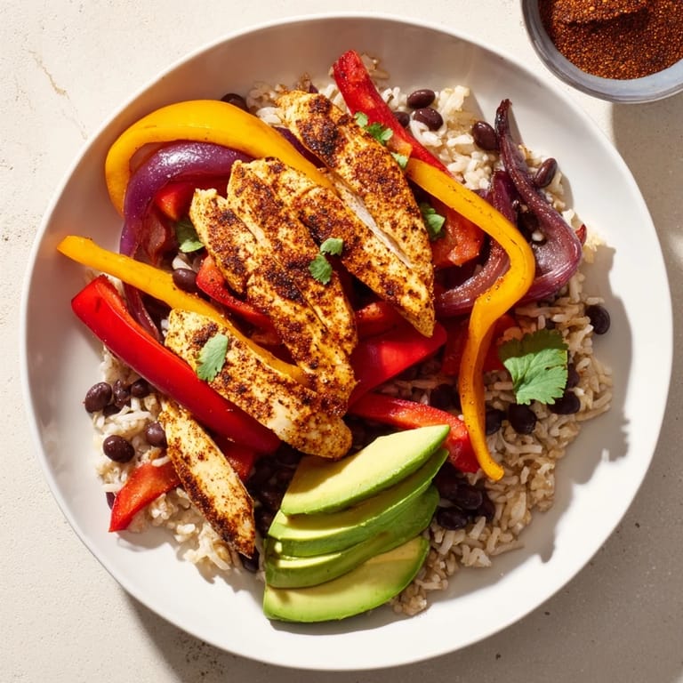Healthy Make-Ahead Chicken Fajita meal prep bowls, starring seasoned chicken, black beans, and fresh toppings for lunch.
