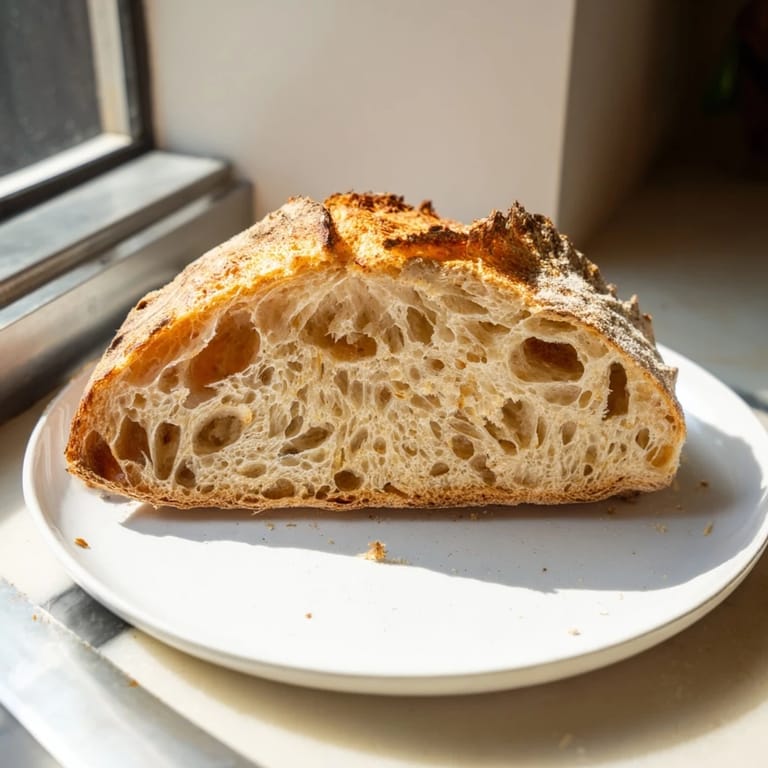 Fresh-baked "The Best Easy No-Knead Bread," a simple, crusty loaf with visible air pockets.
