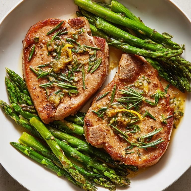 Tender, juicy One-Pan Lemon Herb Pork Chops with roasted asparagus, perfect for a flavorful weeknight dinner.