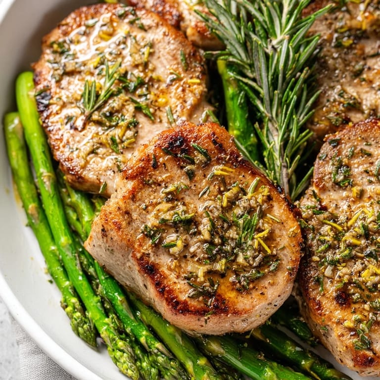 A complete meal: sizzling One-Pan Lemon Herb Pork Chops surrounded by bright green asparagus and lemon wedges.