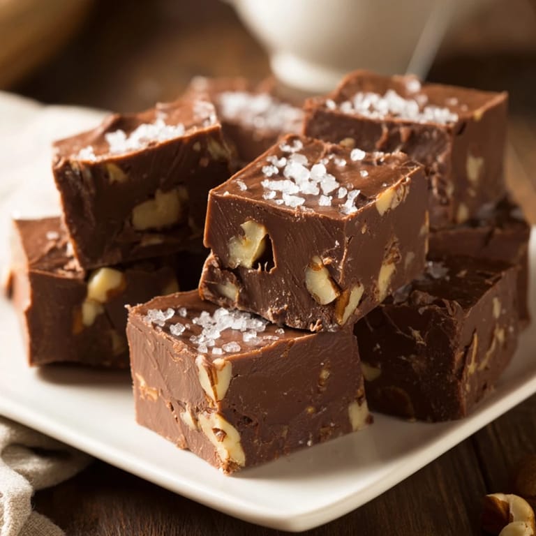 A batch of delicious Easy Chocolate Fudge, topped with optional sea salt, inviting us to savor the sweet treat.