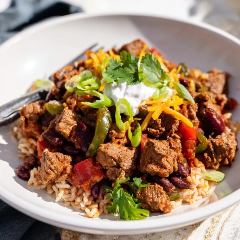 Chunks of beef simmering in Winter Warming Chili con Carne, creating a thick, savory, comforting stew.