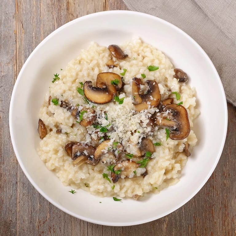 Close-up of golden Stove-Top Creamy Risotto, showing the creamy texture and rich Parmesan flavor.