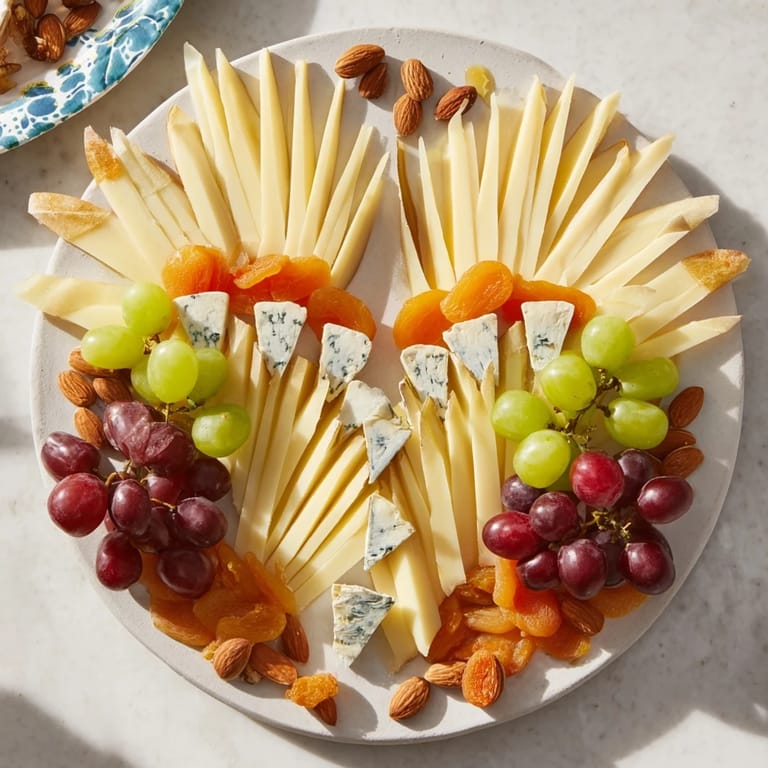 Beautiful overhead view of the Art Deco Arch Cheese Platter, showcasing colorful fruits and tempting cheese arrangements.