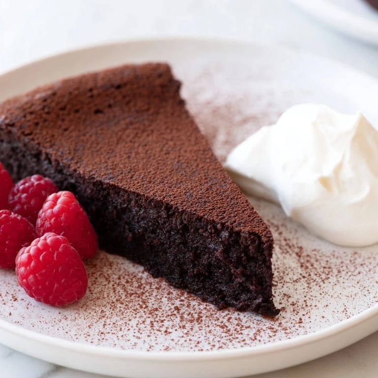 This decadent flourless chocolate cake features a moist, dark interior and an incredibly intense flavor.