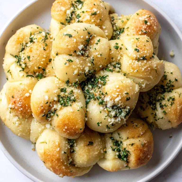 Freshly baked Homemade Garlic Knots, a light, fluffy appetizer with a savory garlic flavor.
