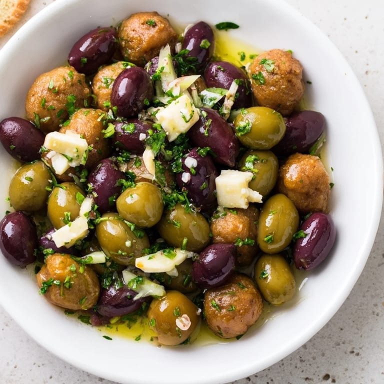 Enjoy the Mediterranean flavors of this Cobblestone Courtyard, an easy appetizer of crackers, olives, and herbs.