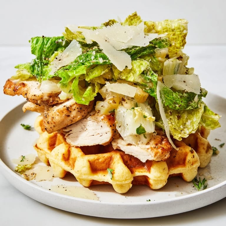 Imagine a close-up of this delicious Chicken Caesar Waffle Sandwich, bursting with color and textures in every bite!