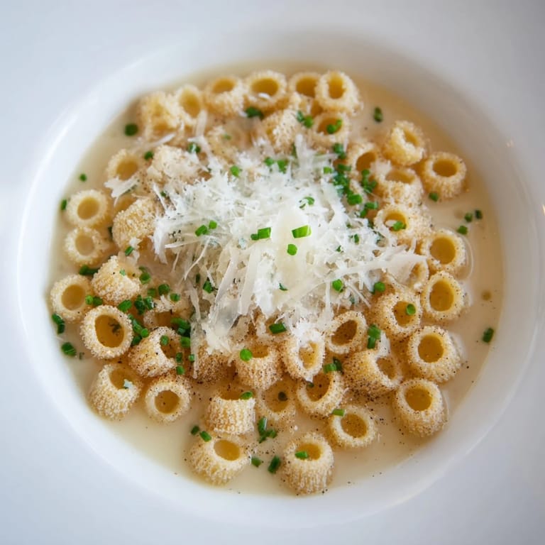 A close-up of crispy Pasta Chip Cereal, seasoned pasta pieces absorbing warm parmesan liquid.