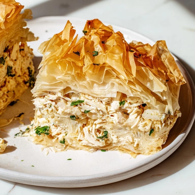 Enjoy a slice of savory Chicken and Pasta Crinkle Cake with its bubbling golden crust.