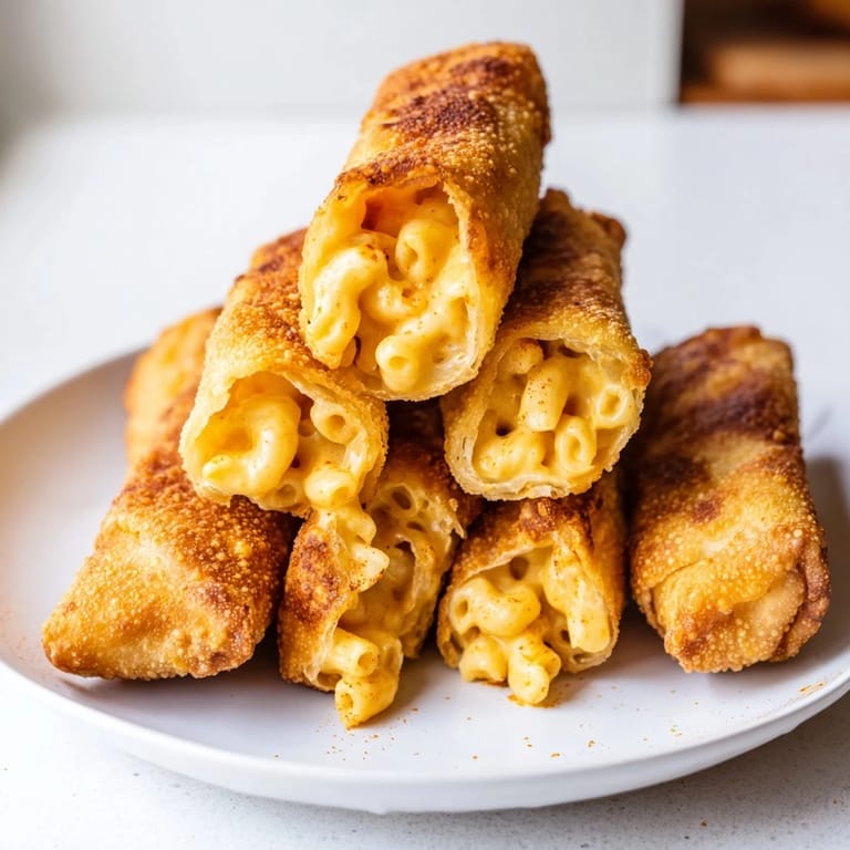These air-fried Tinis Mac and Cheese Lumpia Rolls look appetizing, with a creamy, cheesy interior.