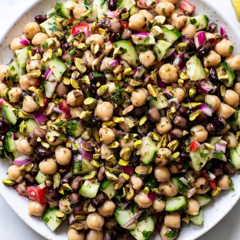 This colorful bowl of Dense Bean Salad with Dubai Chocolate Notes is perfect for a light vegetarian meal.