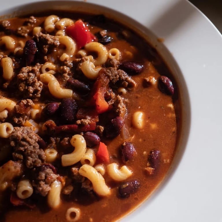 A spoonful of One-Pot Ditalini with Hot Cocoa Chili shows creamy pasta and rich, dark chili.