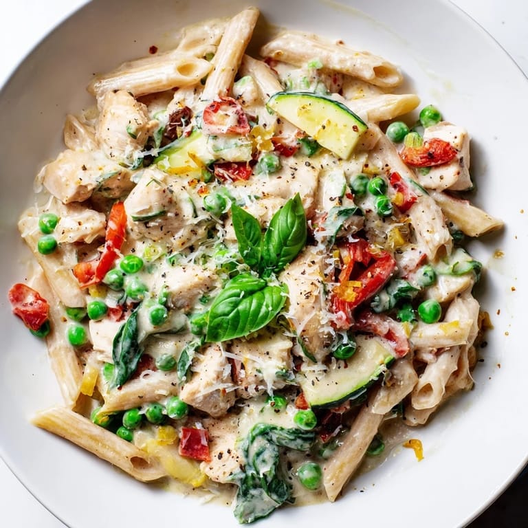 Creamy and colorful, The Last Bite Chicken Pasta includes tender chicken and fresh vegetables.