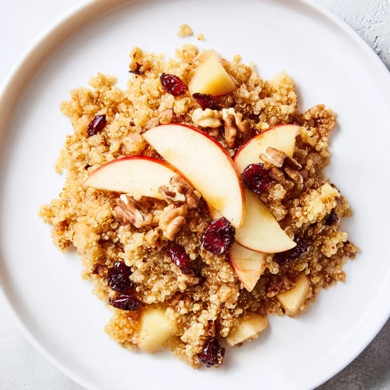 Fluffy Apple Cinnamon Quinoa Bowl, topped with nuts and fruit, a delicious and easy gluten-free breakfast.