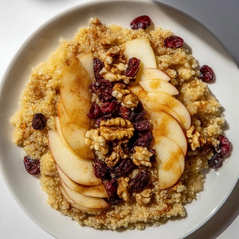 Warm, inviting photo: creamy Apple Cinnamon Quinoa Bowl with diced apples and a drizzle of maple syrup.