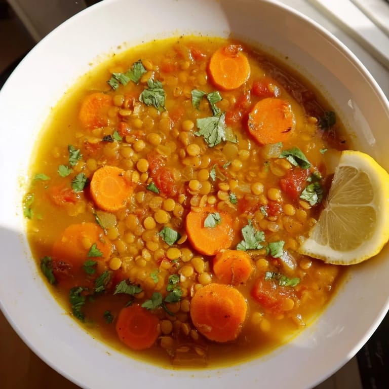 Vibrant orange Spiced Carrot Lentil Soup, seasoned generously, with visible carrots and red lentils simmering.