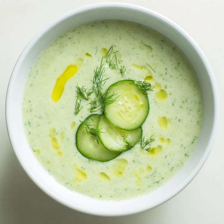 Cool and refreshing chilled cucumber garlic soup served in a chilled bowl, ready to enjoy.
