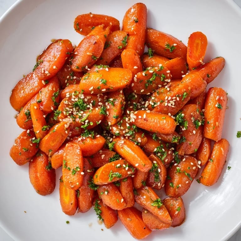 Golden-brown Maple Mustard Roasted Carrots, perfectly caramelized and ready to serve for a delicious meal.