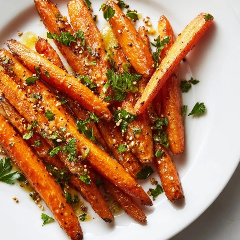 A close-up of Maple Mustard Roasted Carrots, showing the glistening glaze and parsley garnish, served warm.