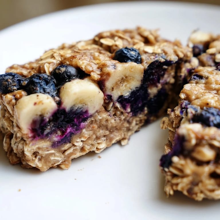 Mouthwatering image of a Blueberry Banana Oatmeal Protein Bar, a healthy and easy breakfast treat.