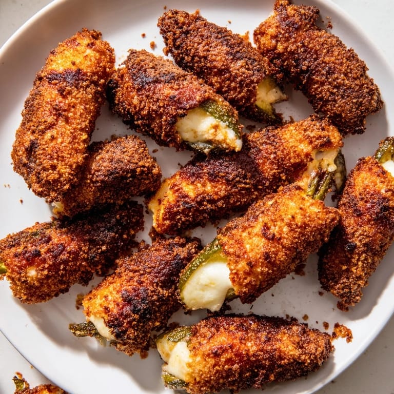 Melted cheese surrounds tangy dill pickles in these irresistible Crispy Chickle Bites.