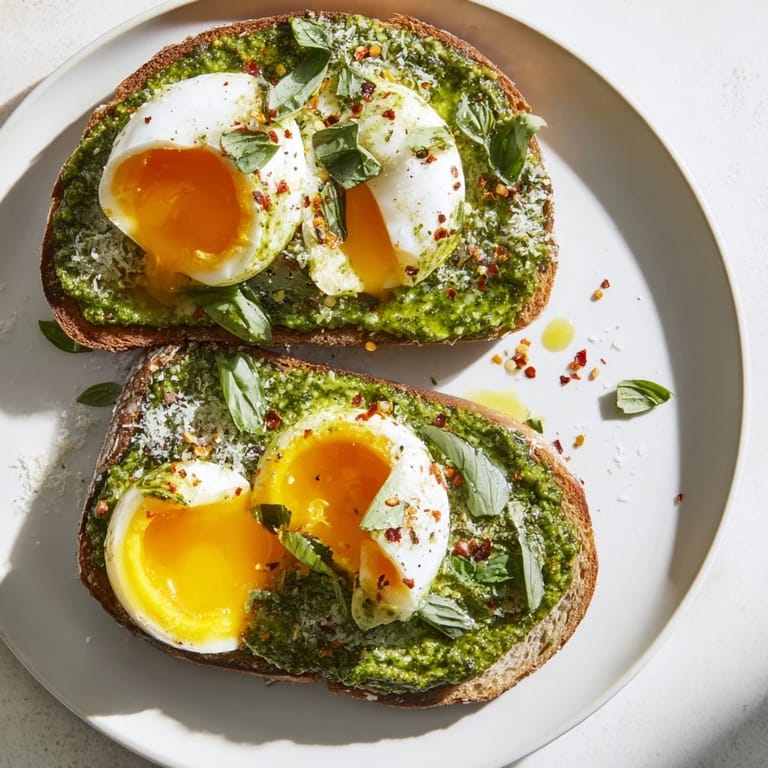 This pesto egg toast recipe features perfectly cooked eggs and flavorful pesto on crispy sourdough toast, ready to savor.