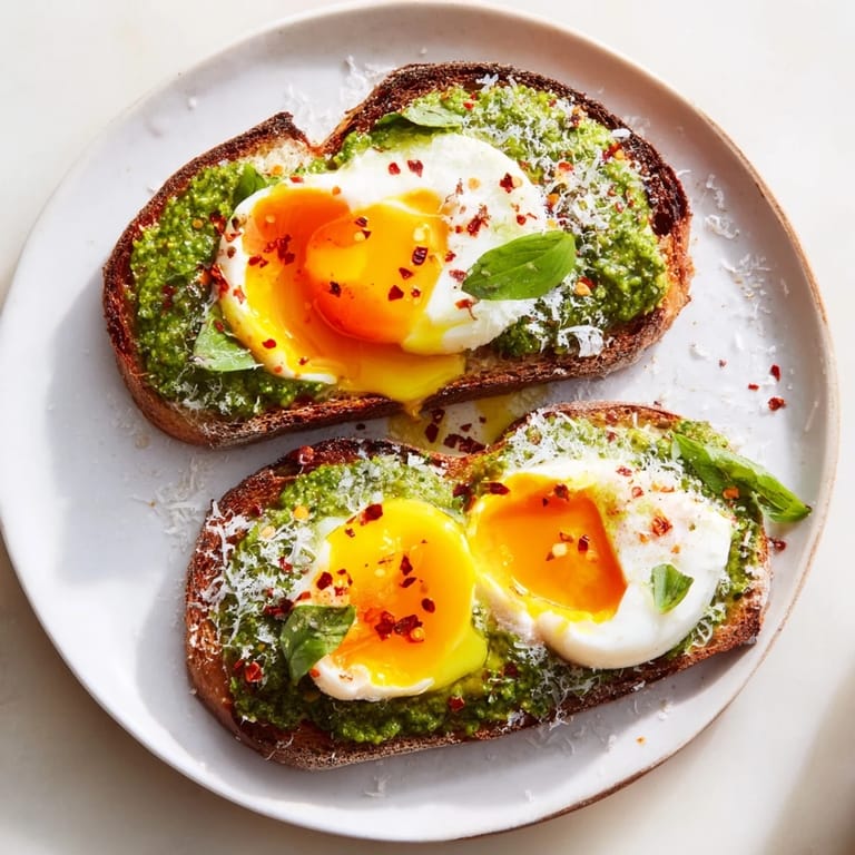 Enjoy a visually appealing plate of pesto egg toast: a delicious brunch featuring fresh basil and warm yolks.