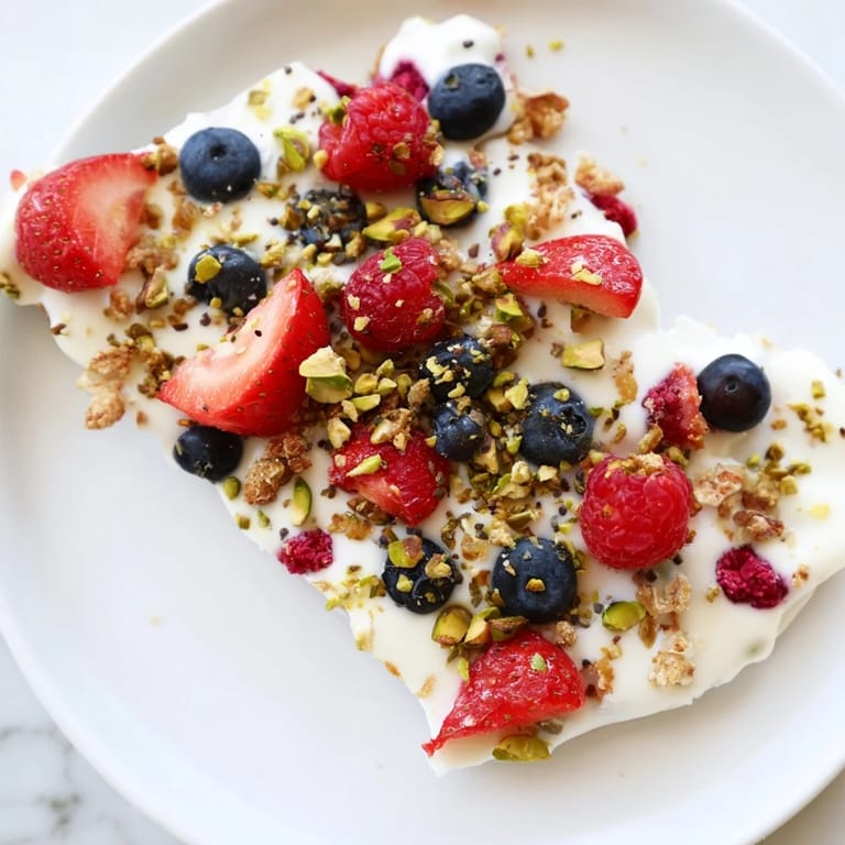 A close-up of frozen fruit yogurt bark with berries, a refreshing and healthy summer treat.