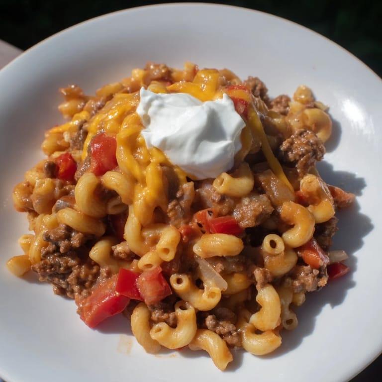 A close-up of steaming One-Pot Chili Mac, showcasing tender macaroni and savory, flavorful ingredients.