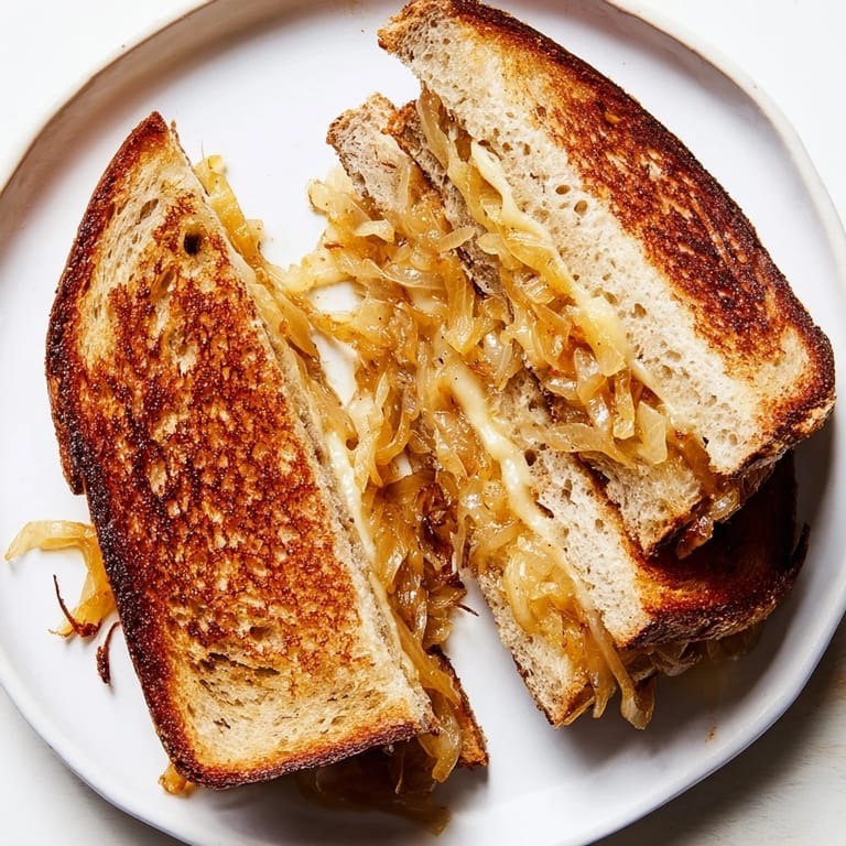 Rustic sourdough holds gooey Gruyère and caramelized onions within this stunning grilled cheese sandwich.