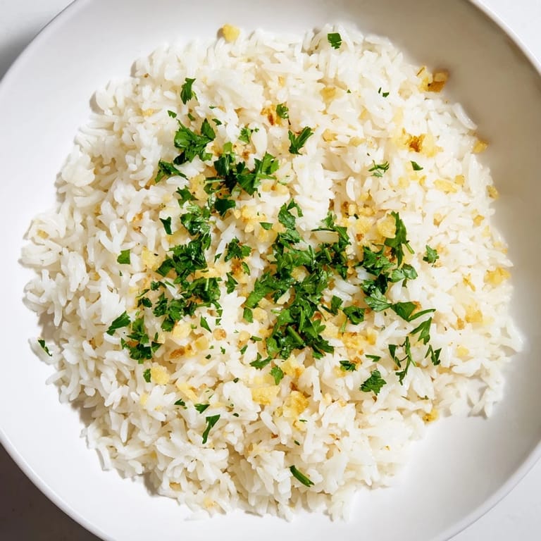 A close-up of steaming Garlic Butter Rice, perfectly cooked with garlic and herbs, ideal as a side.
